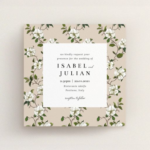 A personalised wedding invitation called "Rose Wall". It is a square (148mm x 148mm) invite in a square orientation. "Rose Wall" is available as a flat invite, with tones of cream, green and white.