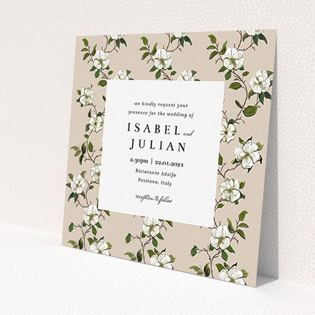 A personalised wedding invitation called 'Rose Wall'. It is a square (148mm x 148mm) invite in a square orientation. 'Rose Wall' is available as a flat invite, with tones of cream, green and white.