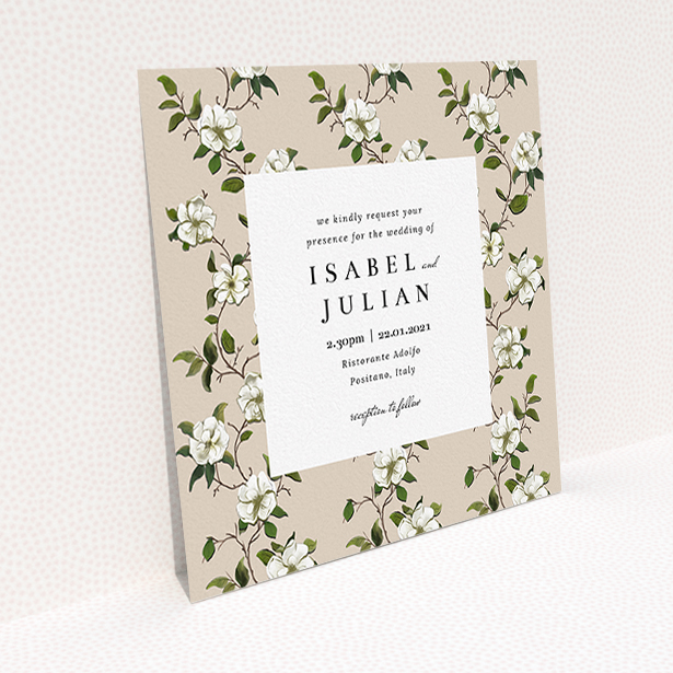 A personalised wedding invitation called "Rose Wall". It is a square (148mm x 148mm) invite in a square orientation. "Rose Wall" is available as a flat invite, with tones of cream, green and white.