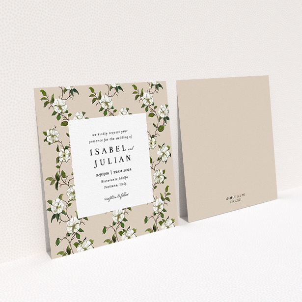 A personalised wedding invitation called "Rose Wall". It is a square (148mm x 148mm) invite in a square orientation. "Rose Wall" is available as a flat invite, with tones of cream, green and white.