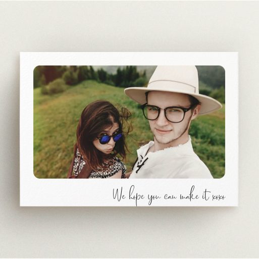 A personalised wedding invitation template titled "Rounded Landscape Photo". It is an A5 invite in a landscape orientation. It is a photographic personalised wedding invitation with room for 1 photo. "Rounded Landscape Photo" is available as a flat invite, with mainly white colouring.