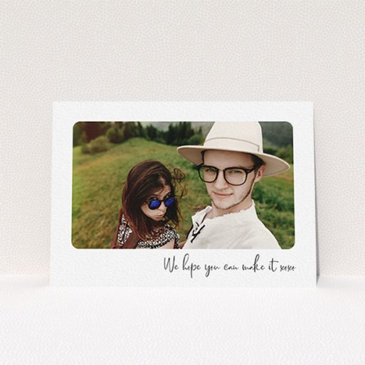 A personalised wedding invitation called "Rounded Landscape Photo". It is an A6 invite in a landscape orientation. It is a photographic personalised wedding invitation with room for 1 photo. "Rounded Landscape Photo" is available as a flat invite, with mainly white colouring.