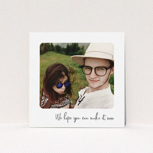 A personalised wedding invitation called "Rounded Landscape Photo". It is a square (148mm x 148mm) invite in a square orientation. It is a photographic personalised wedding invitation with room for 1 photo. "Rounded Landscape Photo" is available as a flat invite, with mainly white colouring.