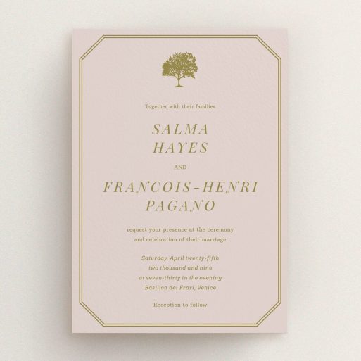 A personalised wedding invitation design titled "Royal oak". It is an A5 invite in a portrait orientation. "Royal oak" is available as a flat invite, with mainly dark cream colouring.