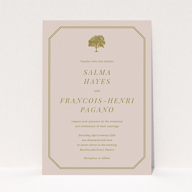 A personalised wedding invitation design titled "Royal oak". It is an A5 invite in a portrait orientation. "Royal oak" is available as a flat invite, with mainly dark cream colouring.