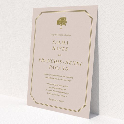 A personalised wedding invitation design titled 'Royal oak'. It is an A5 invite in a portrait orientation. 'Royal oak' is available as a flat invite, with mainly dark cream colouring.