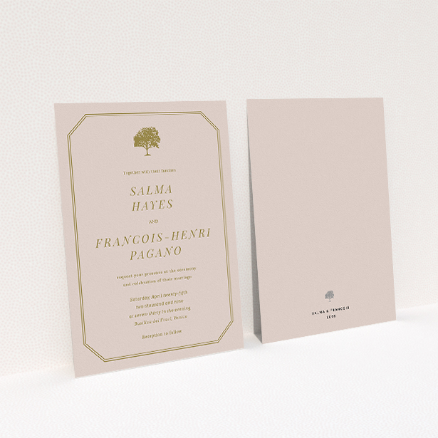 A personalised wedding invitation design titled "Royal oak". It is an A5 invite in a portrait orientation. "Royal oak" is available as a flat invite, with mainly dark cream colouring.