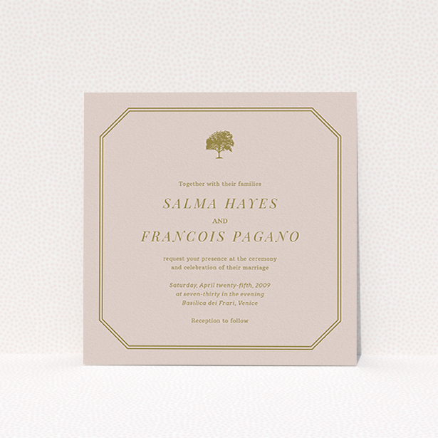 A personalised wedding invitation called "Royal oak". It is a square (148mm x 148mm) invite in a square orientation. "Royal oak" is available as a flat invite, with mainly dark cream colouring.
