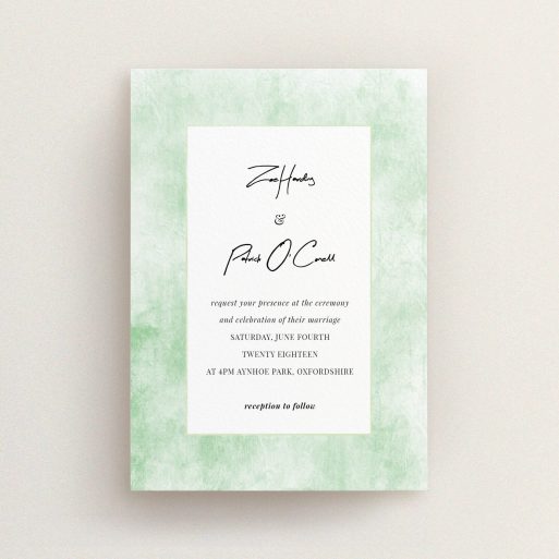 A personalised wedding invitation design named "Rustic Green". It is an A6 invite in a portrait orientation. "Rustic Green" is available as a flat invite, with tones of green and white.
