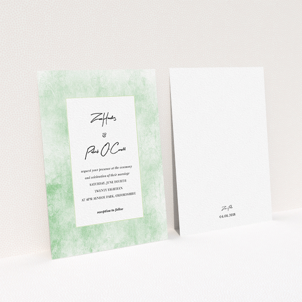 A personalised wedding invitation design named "Rustic Green". It is an A6 invite in a portrait orientation. "Rustic Green" is available as a flat invite, with tones of green and white.