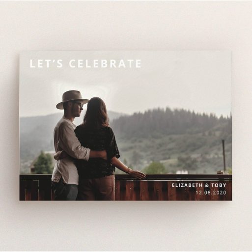 A personalised wedding invitation design named "Sans Serif". It is an A5 invite in a landscape orientation. It is a photographic personalised wedding invitation with room for 1 photo. "Sans Serif" is available as a flat invite, with mainly white colouring.