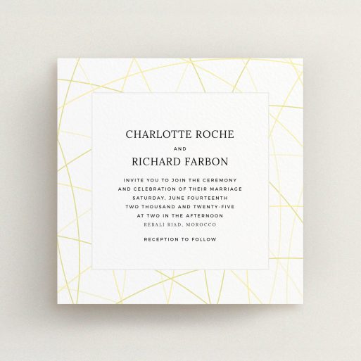 A personalised wedding invitation template titled "Scattered Yellow". It is a square (148mm x 148mm) invite in a square orientation. "Scattered Yellow" is available as a flat invite, with tones of yellow and white.