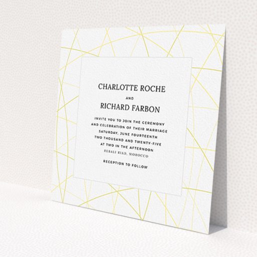 A personalised wedding invitation template titled 'Scattered Yellow'. It is a square (148mm x 148mm) invite in a square orientation. 'Scattered Yellow' is available as a flat invite, with tones of yellow and white.