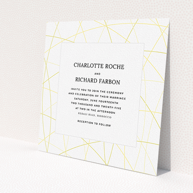 A personalised wedding invitation template titled "Scattered Yellow". It is a square (148mm x 148mm) invite in a square orientation. "Scattered Yellow" is available as a flat invite, with tones of yellow and white.