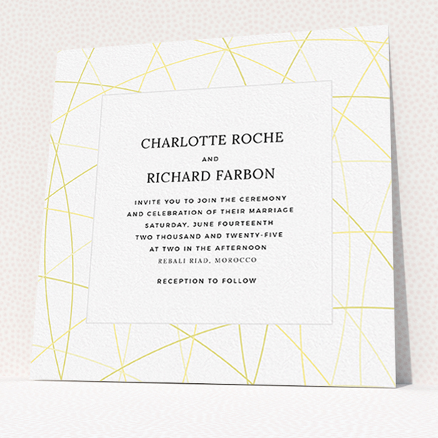 A personalised wedding invitation template titled "Scattered Yellow". It is a square (148mm x 148mm) invite in a square orientation. "Scattered Yellow" is available as a flat invite, with tones of yellow and white.
