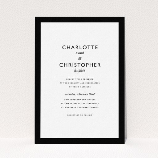 A personalised wedding invitation called "Script switch". It is an A5 invite in a portrait orientation. "Script switch" is available as a flat invite, with tones of black and white.