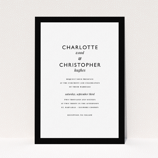 A personalised wedding invitation called "Script switch". It is an A5 invite in a portrait orientation. "Script switch" is available as a flat invite, with tones of black and white.