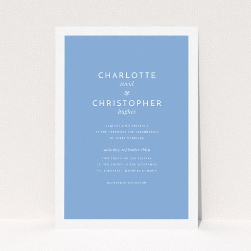 A personalised wedding invitation template titled "Script switch". It is an A5 invite in a portrait orientation. "Script switch" is available as a flat invite, with tones of blue and white.