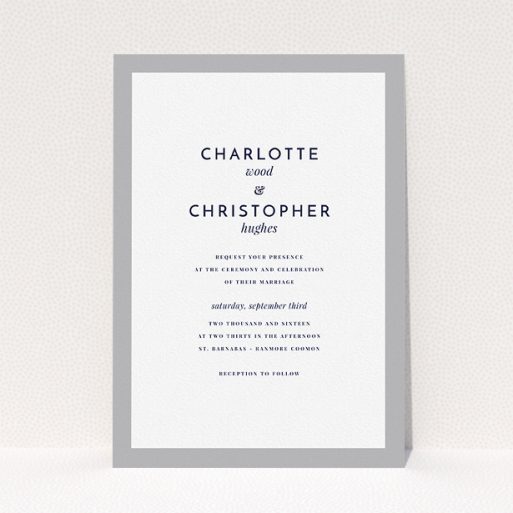 A personalised wedding invitation design titled "Script switch". It is an A5 invite in a portrait orientation. "Script switch" is available as a flat invite, with tones of grey and white.