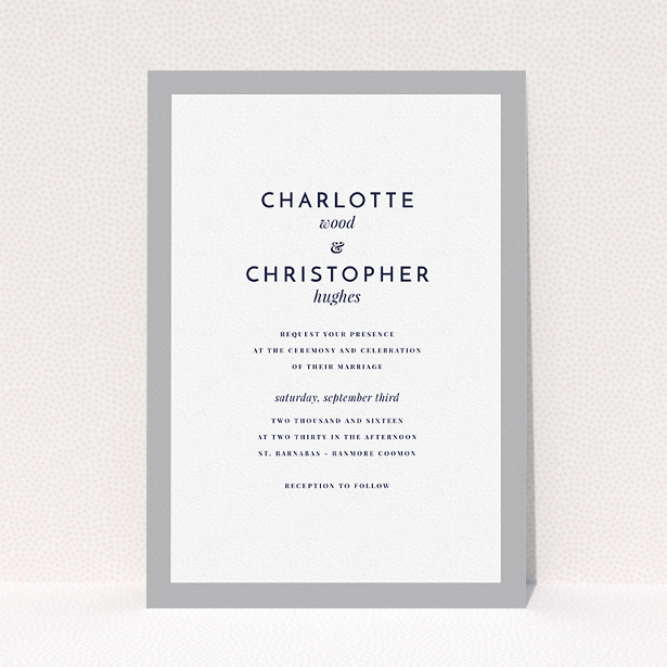 A personalised wedding invitation design titled "Script switch". It is an A5 invite in a portrait orientation. "Script switch" is available as a flat invite, with tones of grey and white.