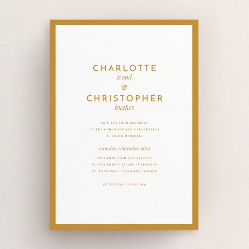 A personalised wedding invitation named "Script switch". It is an A5 invite in a portrait orientation. "Script switch" is available as a flat invite, with tones of orange and white.