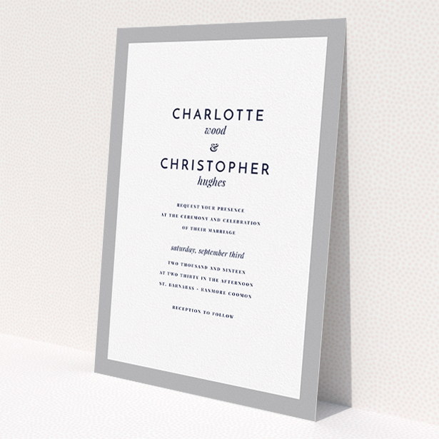 A personalised wedding invitation design titled 'Script switch'. It is an A5 invite in a portrait orientation. 'Script switch' is available as a flat invite, with tones of grey and white.