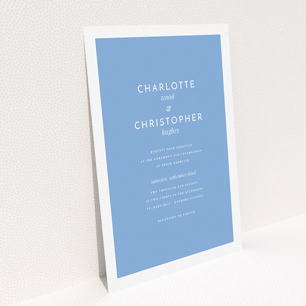 A personalised wedding invitation template titled "Script switch". It is an A5 invite in a portrait orientation. "Script switch" is available as a flat invite, with tones of blue and white.