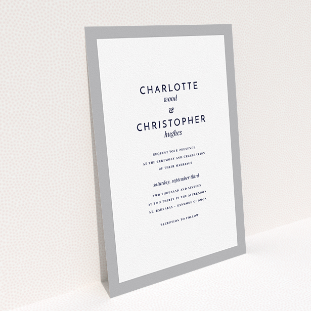 A personalised wedding invitation design titled "Script switch". It is an A5 invite in a portrait orientation. "Script switch" is available as a flat invite, with tones of grey and white.