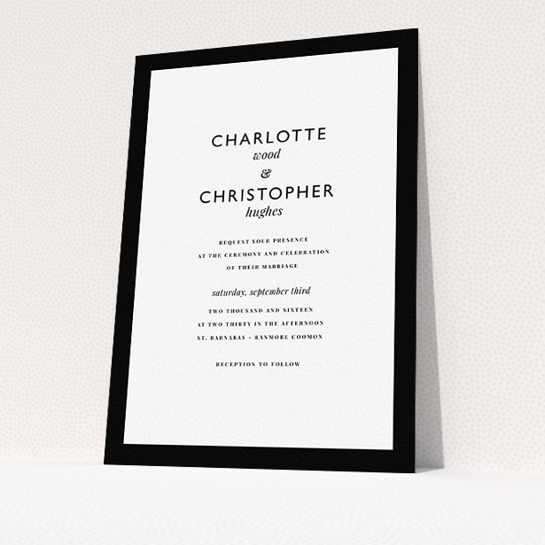A personalised wedding invitation called "Script switch". It is an A5 invite in a portrait orientation. "Script switch" is available as a flat invite, with tones of black and white.