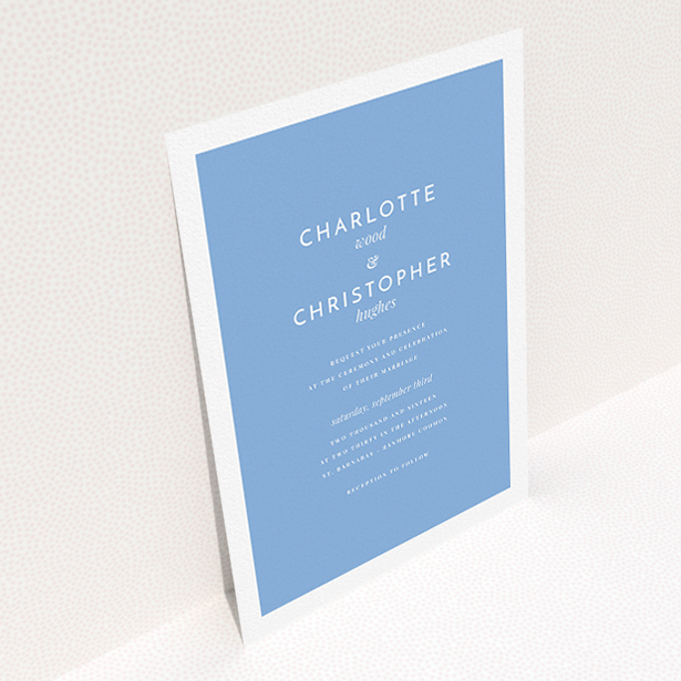 A personalised wedding invitation template titled "Script switch". It is an A5 invite in a portrait orientation. "Script switch" is available as a flat invite, with tones of blue and white.