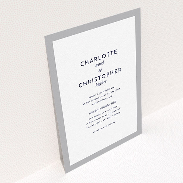 A personalised wedding invitation design titled "Script switch". It is an A5 invite in a portrait orientation. "Script switch" is available as a flat invite, with tones of grey and white.