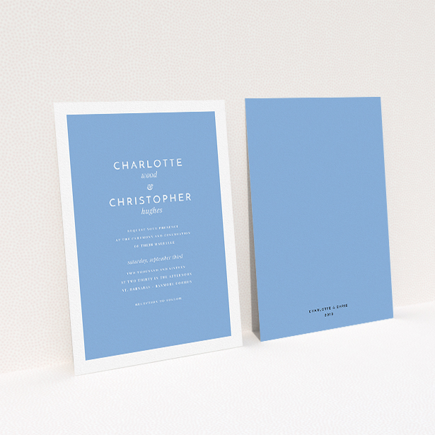 A personalised wedding invitation template titled "Script switch". It is an A5 invite in a portrait orientation. "Script switch" is available as a flat invite, with tones of blue and white.