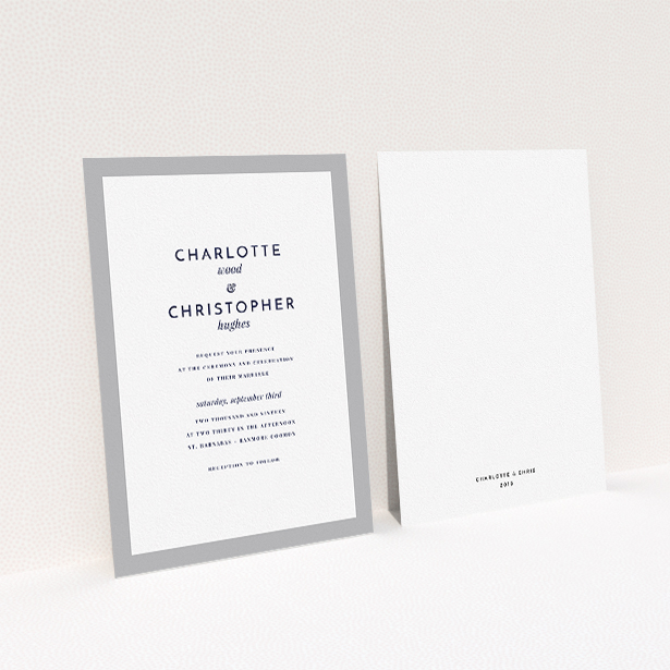 A personalised wedding invitation design titled "Script switch". It is an A5 invite in a portrait orientation. "Script switch" is available as a flat invite, with tones of grey and white.