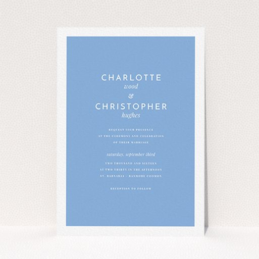 A personalised wedding invitation called "Script switch". It is an A6 invite in a portrait orientation. "Script switch" is available as a flat invite, with tones of blue and white.