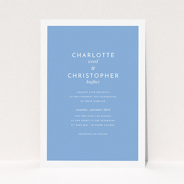 A personalised wedding invitation called "Script switch". It is an A6 invite in a portrait orientation. "Script switch" is available as a flat invite, with tones of blue and white.