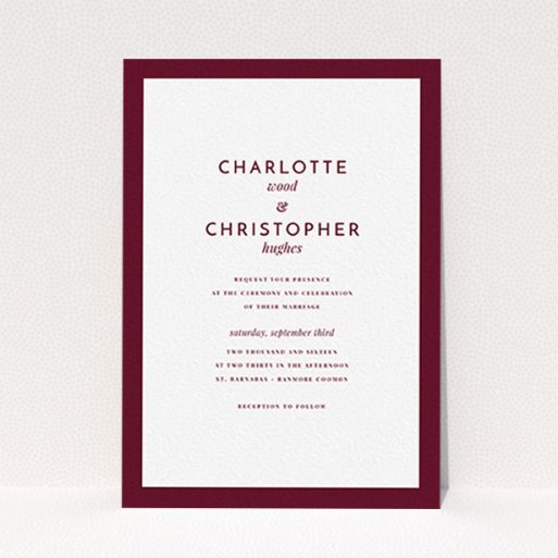 A personalised wedding invitation design named "Script switch". It is an A6 invite in a portrait orientation. "Script switch" is available as a flat invite, with tones of burgundy and white.