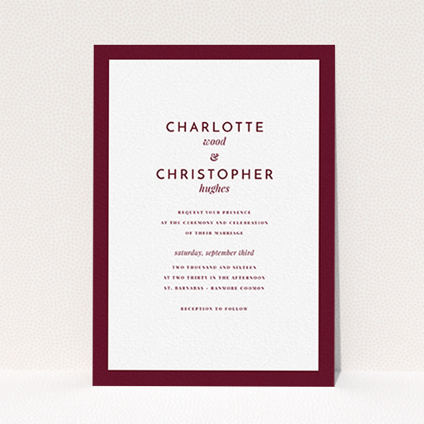 A personalised wedding invitation design named "Script switch". It is an A6 invite in a portrait orientation. "Script switch" is available as a flat invite, with tones of burgundy and white.