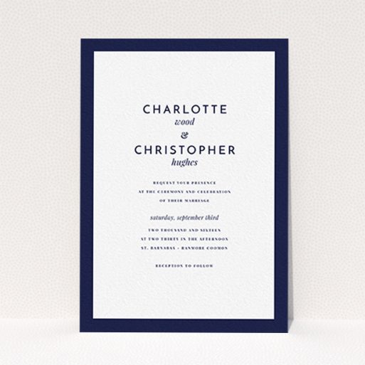 A personalised wedding invitation design titled "Script switch". It is an A6 invite in a portrait orientation. "Script switch" is available as a flat invite, with tones of navy blue and white.