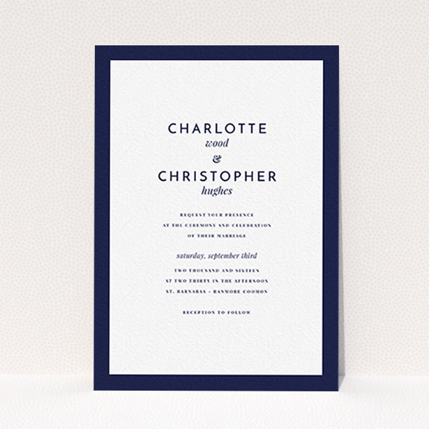 A personalised wedding invitation design titled "Script switch". It is an A6 invite in a portrait orientation. "Script switch" is available as a flat invite, with tones of navy blue and white.