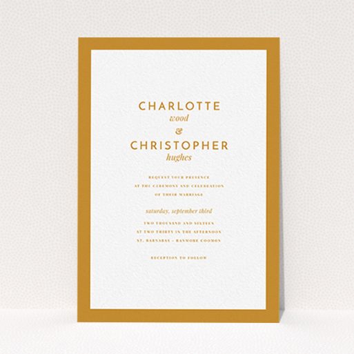 A personalised wedding invitation design titled "Script switch". It is an A6 invite in a portrait orientation. "Script switch" is available as a flat invite, with tones of orange and white.