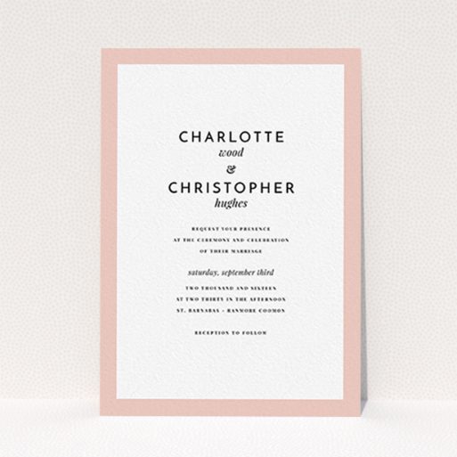 A personalised wedding invitation called "Script switch". It is an A6 invite in a portrait orientation. "Script switch" is available as a flat invite, with tones of pink and white.