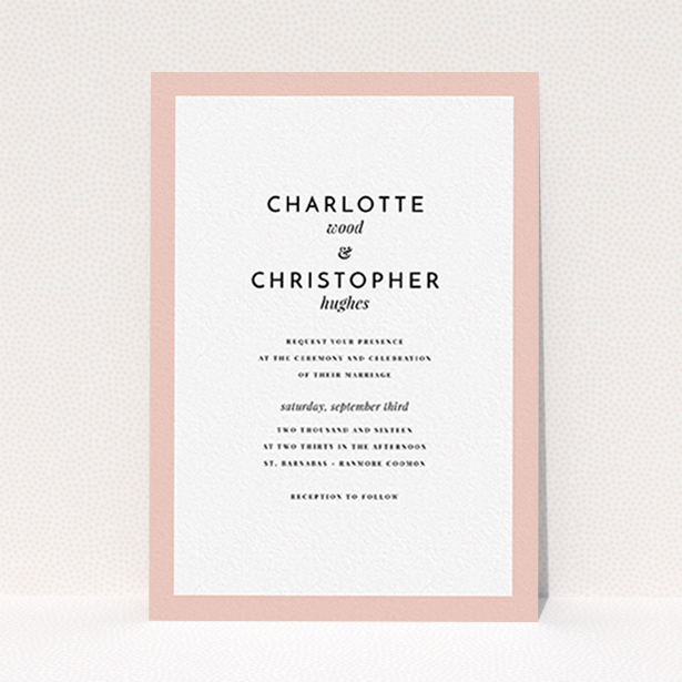 A personalised wedding invitation called "Script switch". It is an A6 invite in a portrait orientation. "Script switch" is available as a flat invite, with tones of pink and white.