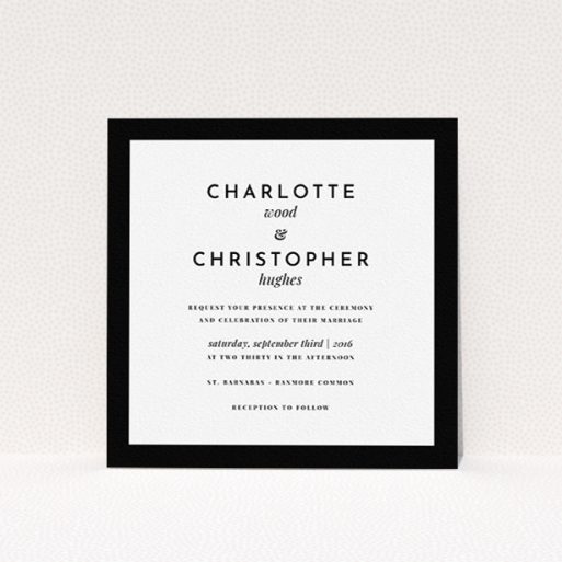 A personalised wedding invitation design titled "Script switch". It is a square (148mm x 148mm) invite in a square orientation. "Script switch" is available as a flat invite, with tones of black and white.