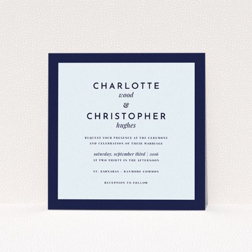 A personalised wedding invitation called "Script switch". It is a square (148mm x 148mm) invite in a square orientation. "Script switch" is available as a flat invite, with mainly blue colouring.