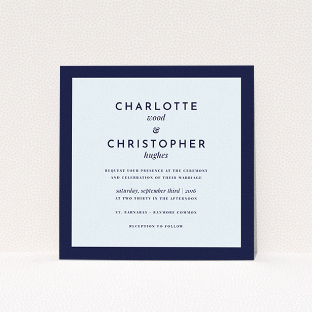 A personalised wedding invitation called "Script switch". It is a square (148mm x 148mm) invite in a square orientation. "Script switch" is available as a flat invite, with mainly blue colouring.