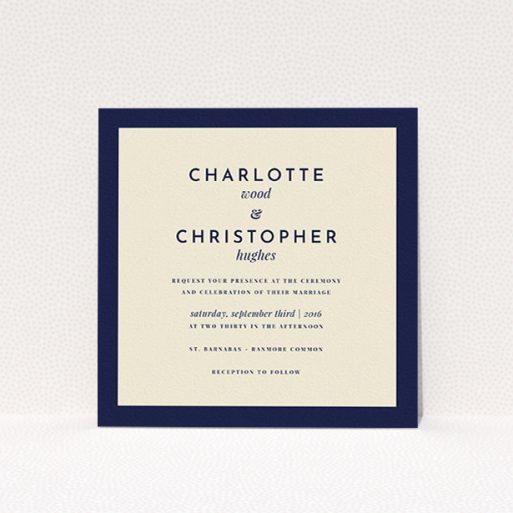 A personalised wedding invitation design titled "Script switch". It is a square (148mm x 148mm) invite in a square orientation. "Script switch" is available as a flat invite, with tones of cream and navy blue.
