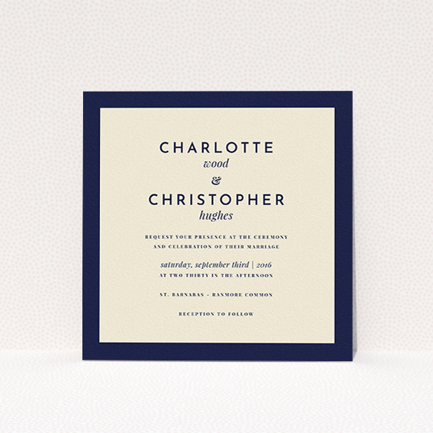 A personalised wedding invitation design titled "Script switch". It is a square (148mm x 148mm) invite in a square orientation. "Script switch" is available as a flat invite, with tones of cream and navy blue.