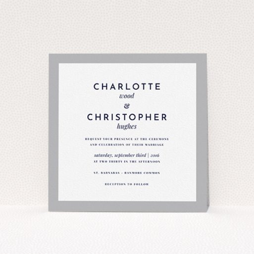 A personalised wedding invitation design named "Script switch". It is a square (148mm x 148mm) invite in a square orientation. "Script switch" is available as a flat invite, with tones of grey and white.