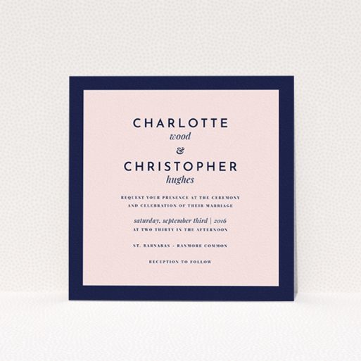 A personalised wedding invitation called "Script switch". It is a square (148mm x 148mm) invite in a square orientation. "Script switch" is available as a flat invite, with tones of navy blue and pink.