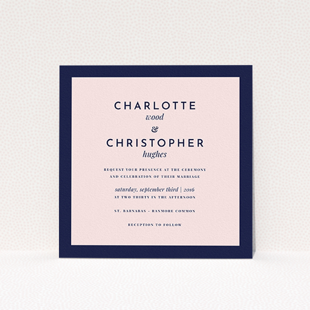 A personalised wedding invitation called "Script switch". It is a square (148mm x 148mm) invite in a square orientation. "Script switch" is available as a flat invite, with tones of navy blue and pink.